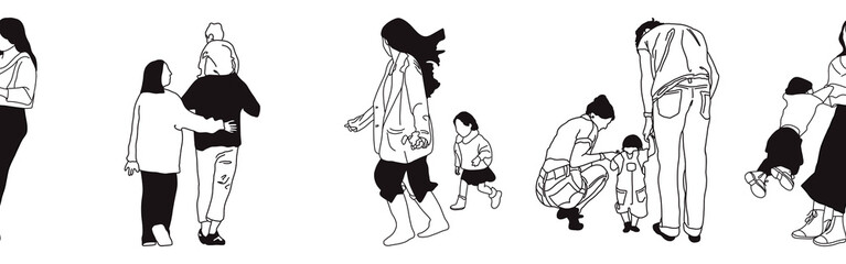 Hand-drawn doodle family border. Outline family clipart. Hand-drawn black art.