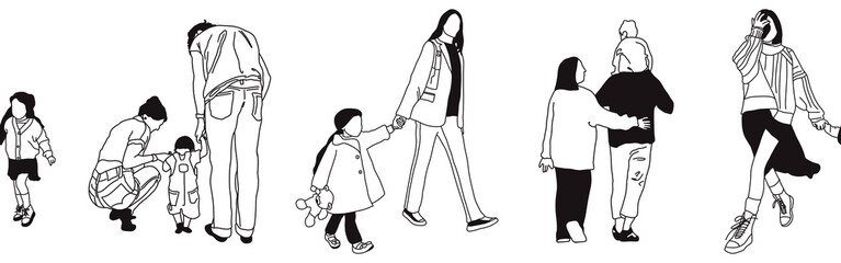 Hand-drawn doodle family border. Outline family clipart. Hand-drawn black art.