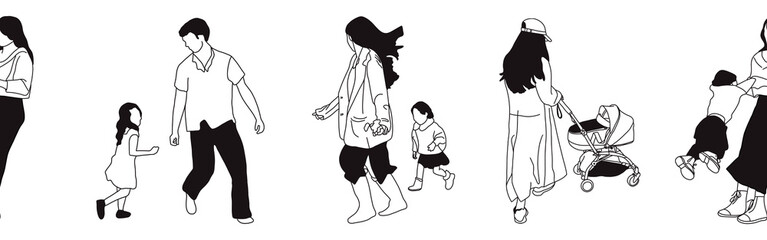 Hand-drawn doodle family border. Outline family clipart. Hand-drawn black art.