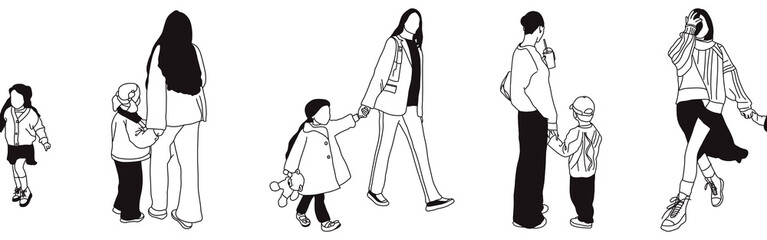 Hand-drawn doodle family border. Outline family clipart. Hand-drawn black art.