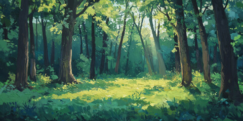 Obraz premium Forest scene background with tall trees and dappled sunlight filtering through the leaves, evoking a sense of peace