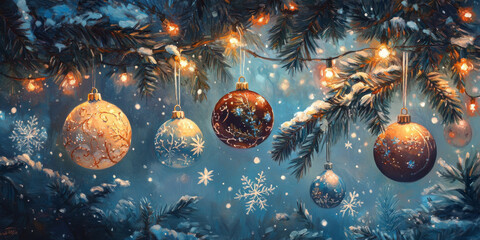 Hand-painted ornaments hanging on a tree, surrounded by softly glowing lights and delicate snowflakes