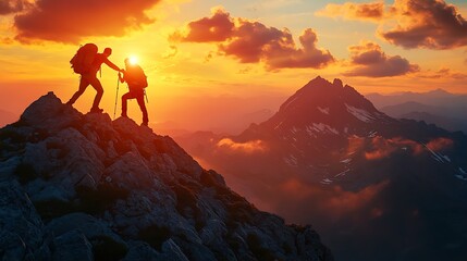 Two hikers helping each other reach the top mountain