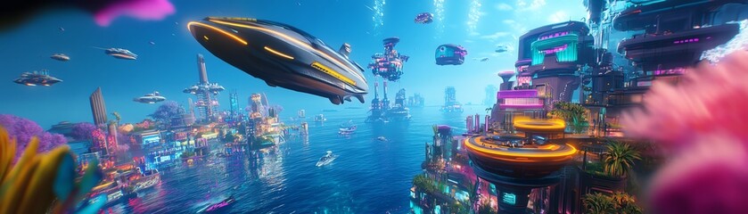 Naklejka premium Low-angle view of an underwater city, bioluminescent creatures mingling with sleek, futuristic ships, a stunning fusion of fantasy and innovation