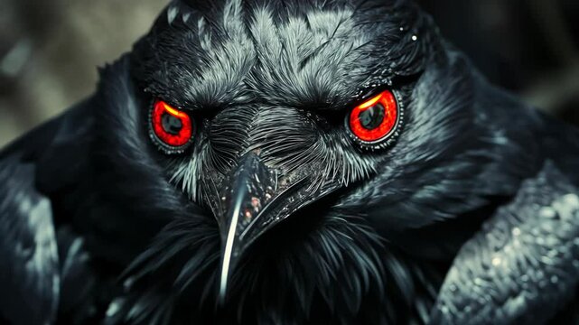 A black raven stares intensely with its bright red eyes