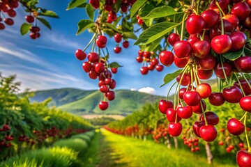 Panoramic Photography of Lush Sour Cherry Orchard During Blooming Season, Vivid Red Cherries Hanging from Branches, Scenic Landscape, Nature's Bounty, Fresh Fruits, Organic Farming