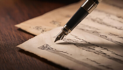 Fototapeta premium Handwriting and written communication, featuring symbols like a pen, paper, and cursive writing, ideal for topics related to education, creativity, and personal expression.