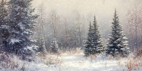 Soft snowfall in a wooded area with pine trees dusted in snow, creating a quiet Christmas morning feel