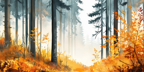 Hand painted watercolor of a vibrant autumn forest with golden leaves, tall trees, and misty background