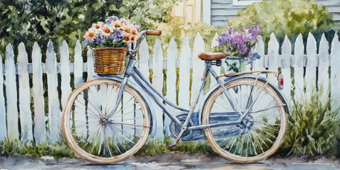 Fototapeta premium Hand painted watercolor of a vintage bicycle leaning against a picket fence with flowers in the basket