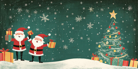 A whimsical Merry Christmas banner with two cheerful Santas holding gifts, a Christmas tree with ornaments, and a snowy green background with decorative stars