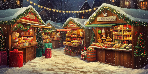 Obraz premium A vintage Christmas market scene with colorful stalls selling handmade gifts, ornaments, and delicious holiday treats