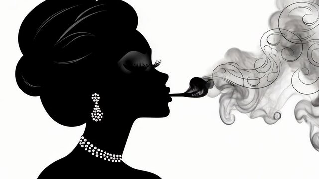 A silhouette of a woman with earrings and a necklace blowing smoke rings in the air