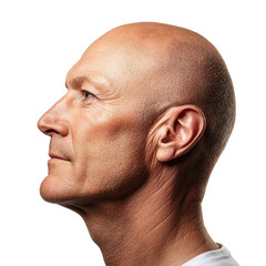 Side view portrait of middle-aged bald man on transparent background, isolated profile shot capturing experience, strength, and distinctive facial features