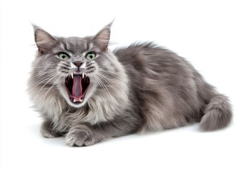 Obraz premium A gray cat looks up, meowing and mouth wide open