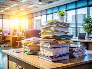 Pile of Documents on a Table Symbolizing Unfinished Work and Heavy Workload with Copy Space for Productivity, Office Stress, Time Management, and Organization Themes