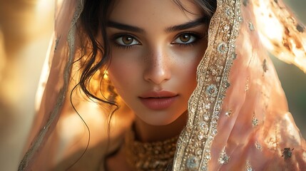 Close-up portrait of a woman wearing a royal lehenga, her face framed by an elegant dupatta, softly illuminated by warm light. Background subtly blurred with hints of intricate palace architecture,