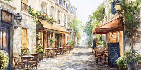 Fototapeta premium Hand painted watercolor of a Parisian street with quaint buildings, cafe tables, and a cobblestone path