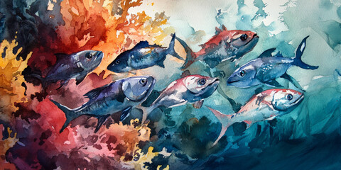 Hand painted watercolor of a playful school of fish swimming through colorful coral