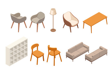 Isometric style assortment of modern furniture items chairs, sofas, and tables, perfect for interior design and home decor visuals. Ideal for lifestyle furniture. Vector illustration