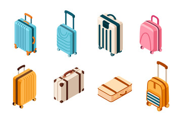 Collection of travel suitcases and bags in various colors and designs. Isometric style. Suitable for travel, tourism, and holiday themes. Vector illustration