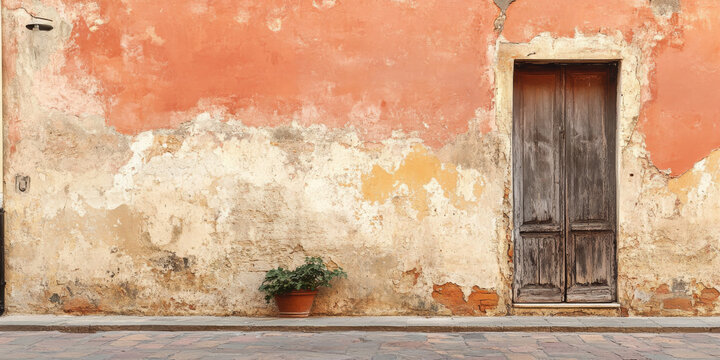 Warm, rustic terracotta wall with peeling paint and a slightly gritty texture, perfect for an aged, weathered look