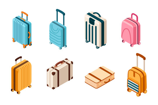 Collection of travel suitcases and bags in various colors and designs. Isometric style. Suitable for travel, tourism, and holiday themes. Vector illustration