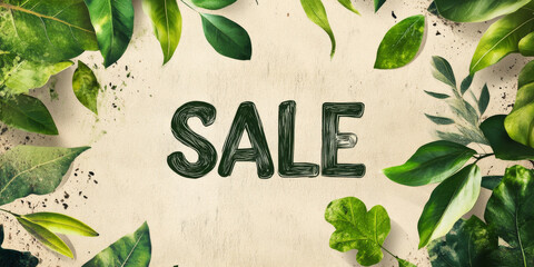 Earthy "SALE" banner with natural textures and green leaves, for eco-friendly and organic promotions
