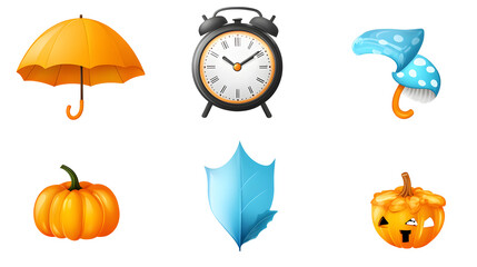 Autumn funny icons set isolated on transparent white background, png element. Colorful clipart Alarm clock with fall leaves, umbrella, weather icons and pumpkin with mushroom in glossy plastic style