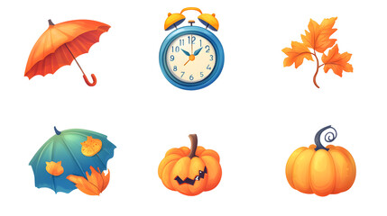 Autumn funny icons set isolated on transparent white background, png element. Colorful clipart Alarm clock with fall leaves, umbrella, weather icons and pumpkin with mushroom in glossy plastic style