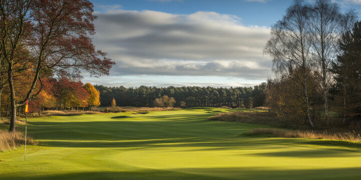 A tranquil golf course with a beautifully manicured green and a flag in the distance, ideal for promoting relaxation