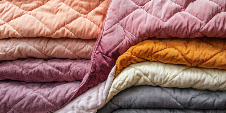Soft quilted fabric background in muted tones, evoking a sense of comfort and warmth