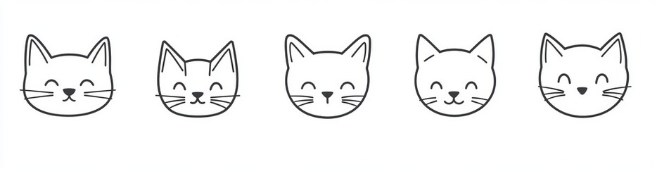 Fototapeta premium Kittens emoji symbols set. Isolated black and white picture of cats' heads.