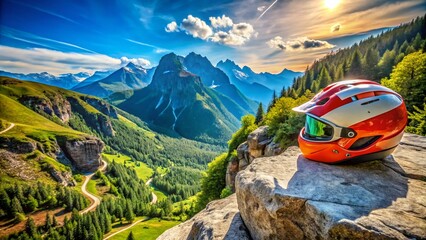Protective Helmet in Scenic Landscape: Safety Gear, Outdoor Adventure, Nature Protection, Hiking, Mountain Views, Helmeted Exploration, Safety Equipment, Adventure Gear, 