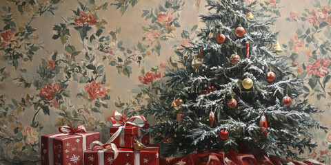 A classic Christmas tree set against a backdrop of festive wrapping paper and ribbons, capturing the essence of gift-giving