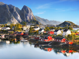 Fototapeta premium Northern Norway islands. Fishing village, mountains and arctic fjord 