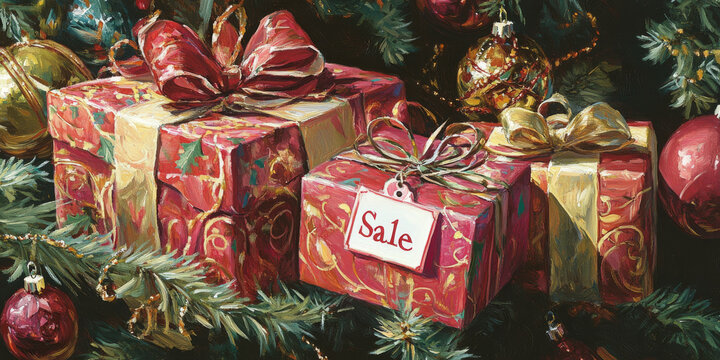 A close-up of beautifully wrapped gifts with "Sale" tags, set against a festive backdrop of greenery and ornaments