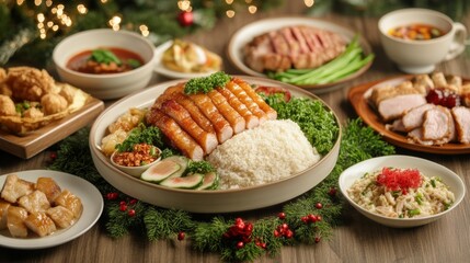 Festive Asian Cuisine with Roasted Meats and Rice