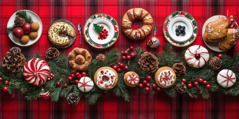 Christmas cookies and holiday treats arranged on a festive red plaid tablecloth