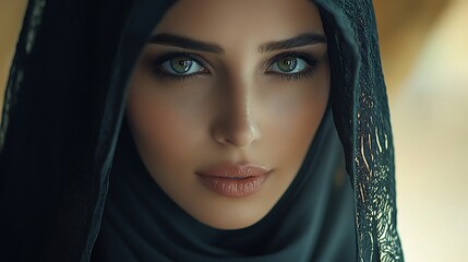 Naklejka premium Portrait of a woman in a black abaya and veil, with only her eyes visible, showing a subtle expression under warm, natural light. Background blurred with subtle earthy tones, hd quality,