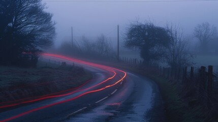 A foggy morning on a farm road with eerie light trails from passing cars casting a mysterious spell over the landscape.