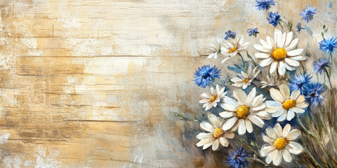 Obraz premium Hand painted watercolor of a bouquet of daisies and cornflowers with a rustic background