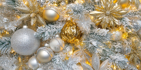 A close-up of a Christmas tree adorned with shimmering gold and silver decorations, capturing the festive spirit