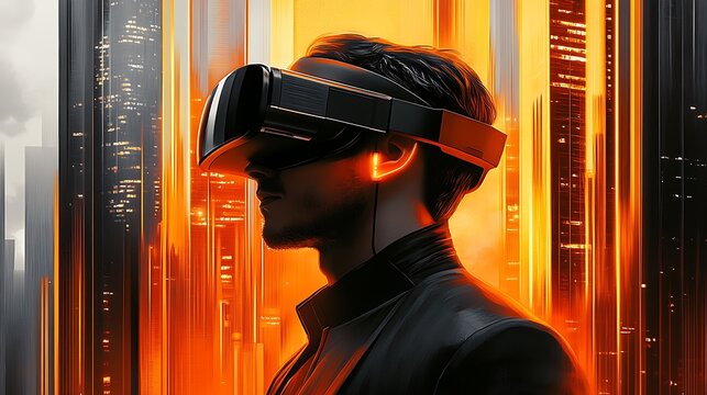 Individual in a tailored suit with VR headset, cityscape behind glowing with neon highlights in blue and pink, backlit to showcase vision, innovation, and energy. --ar 16:9 --sref https://s.mj.