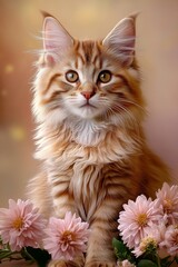 In a garden surrounded by beautifully pink spring flowers, Lewisia and Azalea, is an adorable ginger tabby cat