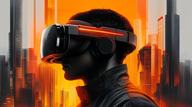 Individual in a tailored suit with VR headset, cityscape behind glowing with neon highlights in blue and pink, backlit to showcase vision, innovation, and energy. --ar 16:9 --sref https://s.mj.