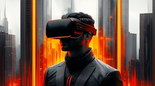 Individual in a tailored suit with VR headset, cityscape behind glowing with neon highlights in blue and pink, backlit to showcase vision, innovation, and energy. --ar 16:9 --sref https://s.mj.