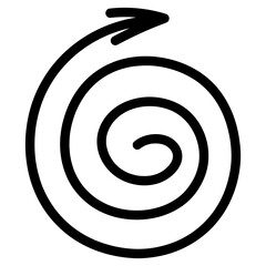 Arrow rotates in a spiral. Sketch. Black pointer twists in a circle to the right. Vector illustration. Curved sign is directed outward. Outline on an isolated white background. Doodle style. 