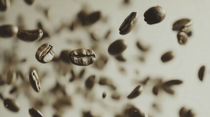 Falling coffee beans in slow motion create dynamic and captivating scene. rich brown color and unique shapes of beans add visual interest to any coffee related project