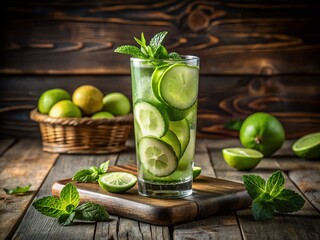 Refreshing Cucumber Mint Beverage in a Tall Glass with Lime and Slices on a Table